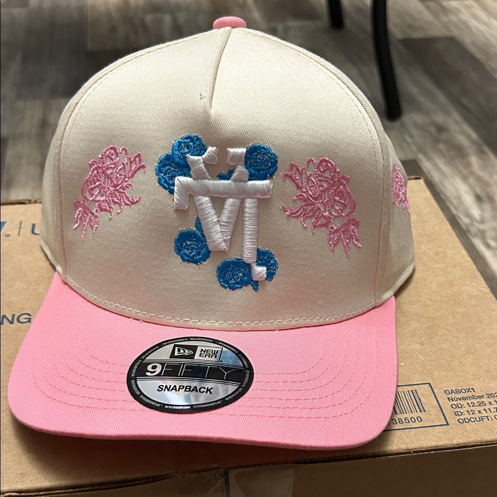 Pink and Cream Snapback Cap with Floral Embroidery